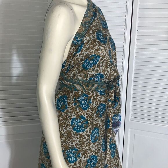 Earthbound 100% Silk Blue Floral Paisley Double Layered Sari Wrap Skirt Dress On - Picture 4 of 14